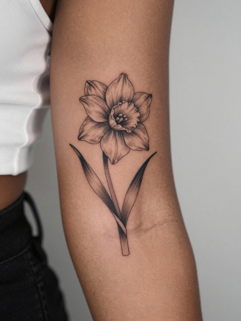 Image Prompt: "Design-focused close-up of a narcissus tattoo on the inner bicep of black woman, black ink fine line floral style, soft layered petals with subtle shading, realistic skin texture, satin ribbon nearby as a subtle feminine detail, tight crop, minimal soft background, modern lifestyle-inspired tattoo image, tattoo is the clear main subject (no watermarks on images)"