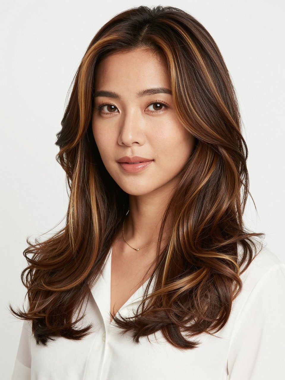Image Prompt: A beautiful Asian woman with tan skin and dark brown hair with honey brown highlights, soft golden-brown pieces placed around the face and through the lower layers, smooth loose curls, soft bronzed makeup, glossy lips, small gold jewelry, white blouse, clean bright studio background, soft flattering lighting, realistic DSLR beauty portrait, detailed honey brown highlight contrast and shine, no text, (no watermarks on images)