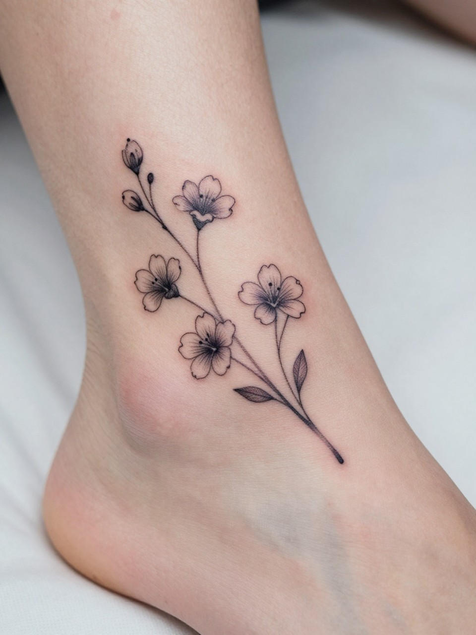 Image Prompt: "Macro shot of a minimalist violet tattoo on the ankle, black ink fine line floral design with tiny rounded petals and very subtle shading, realistic skin texture, neutral pedicure, soft bedding in the background, design-first composition, modern feminine tattoo inspiration photo, tattoo clearly in focus (no watermarks on images)"