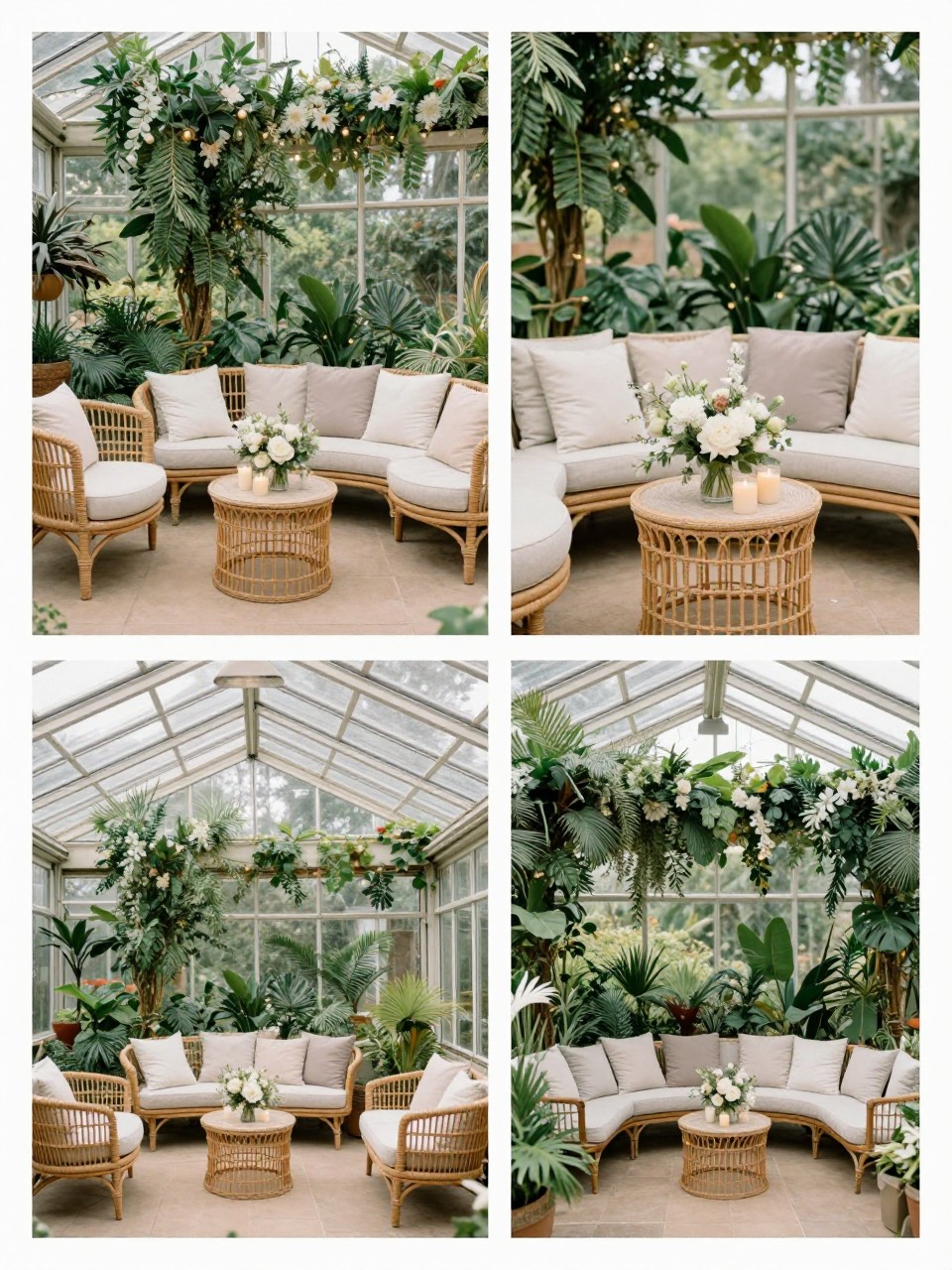 A professional 4-grid wedding decor collage showing garden lounge corners inside a glass greenhouse wedding, top-left image featuring a cozy lounge with rattan or upholstered chairs, soft cushions, candles, and floral side tables, top-right image showing close-up lounge styling with greenery and soft textiles, bottom-left image showing the lounge area placed under greenhouse plants and string lights, bottom-right image showing a second seating nook with matching botanical decor, elegant wedding lounge styling, no people, no faces, no watermarks on images.