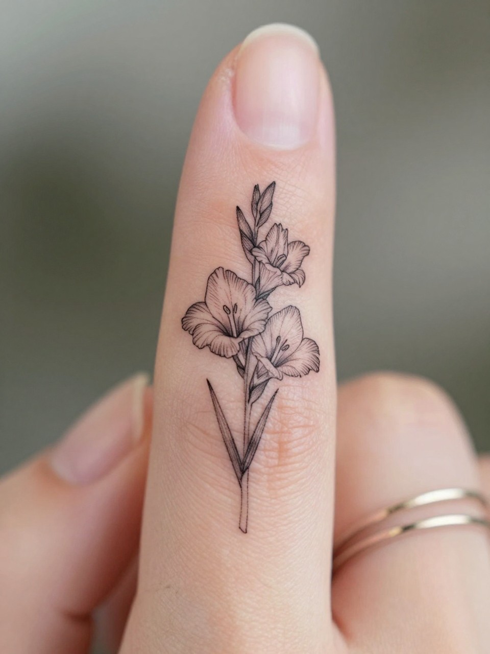 Image Prompt: "Macro shot of a micro gladiolus tattoo on the side of the finger, black ink fine line floral design, tiny stem and delicate stacked blooms, minimalist micro tattoo style, realistic skin texture, delicate rings, neutral manicure, very tight crop, soft blurred background, feminine tattoo inspiration photo with tattoo as the main focus (no watermarks on images)"