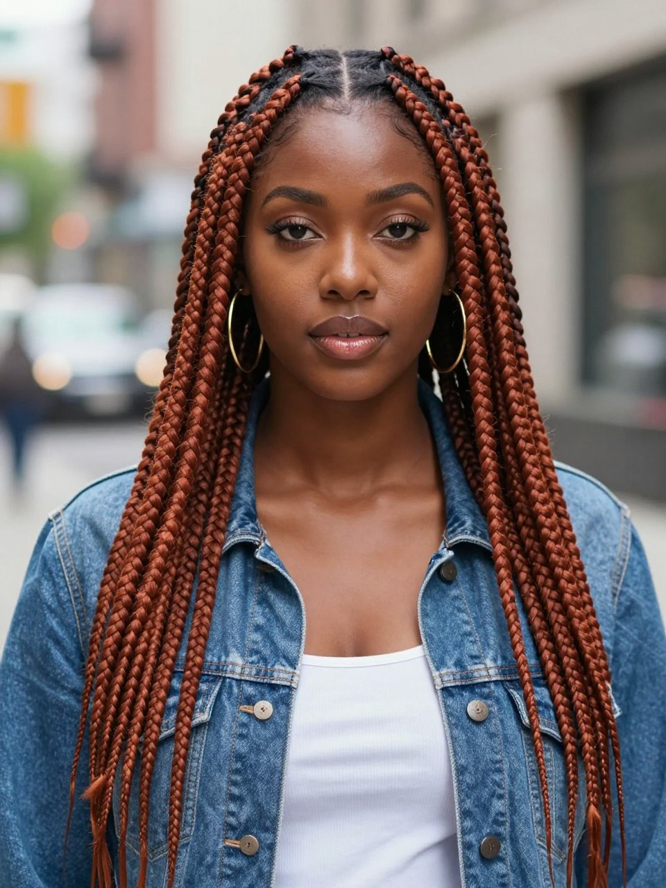 Image Prompt: A stylish Black woman wearing long cinnamon box braids, waist-length braids with neat square parts, warm brown-red braid color, smooth finished ends, softly laid baby hairs, medium-deep brown skin, glossy lips, gold hoops, denim jacket over a white top, outdoor city background softly blurred, natural daylight, realistic lifestyle beauty photo, no text, (no watermarks on images)