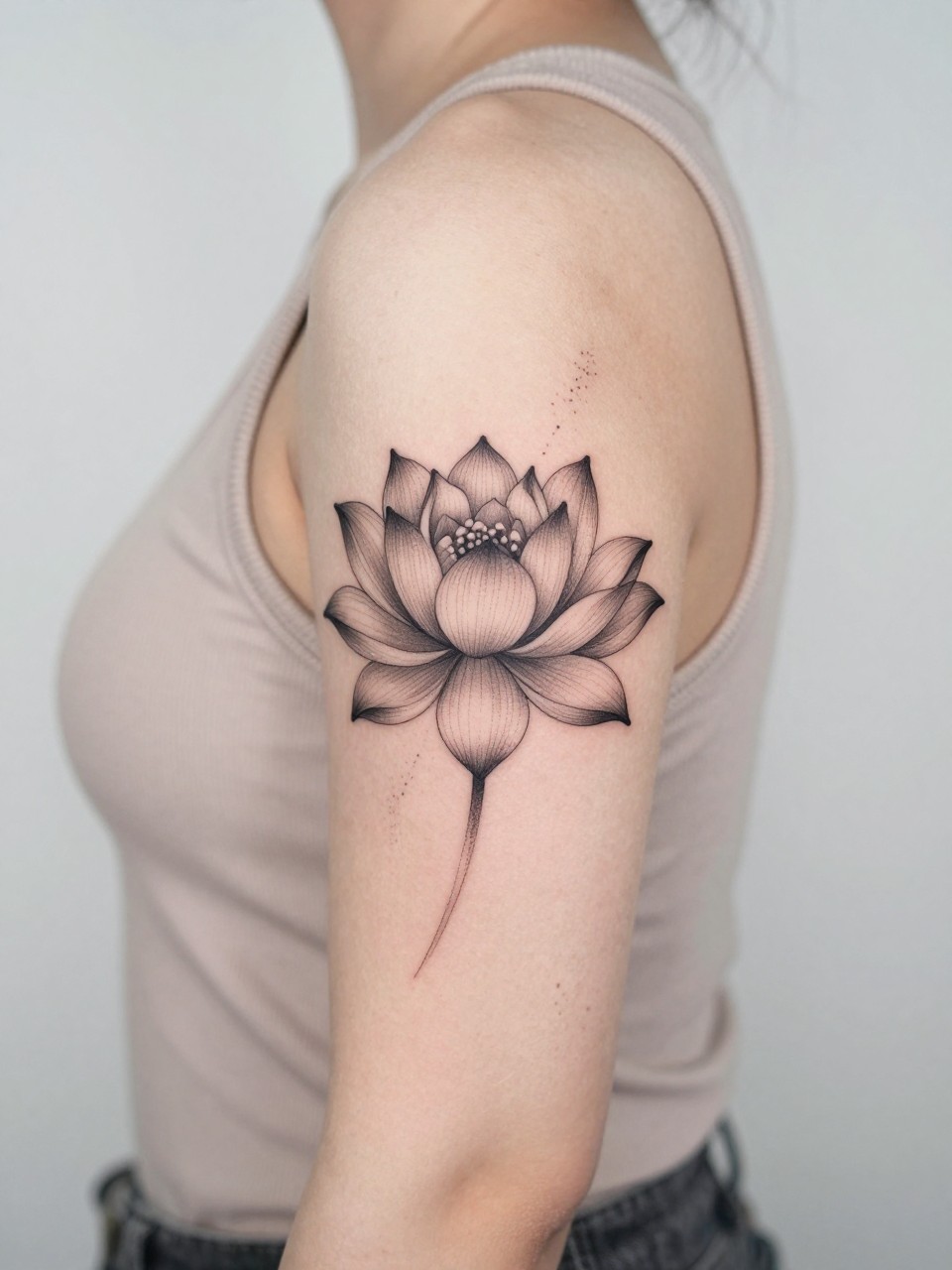 Image Prompt: "Close-up of a water lily tattoo with soft dotwork accents on the upper arm, black ink fine line and dotwork floral design, layered petals, subtle shading, realistic skin texture, sleeveless neutral top softly visible, feminine lifestyle-inspired tattoo image, minimal clean background, tattoo is the main focus (no watermarks on images)"