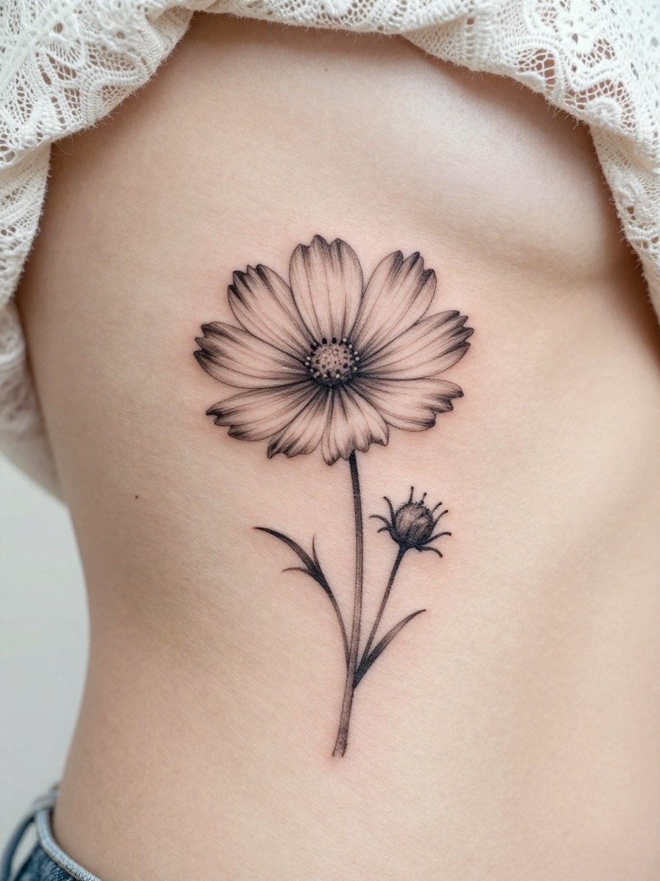 Design-focused close-up of a single cosmos stem tattoo on the ribcage, black ink fine line floral design, delicate petals, light grey shading, realistic skin texture, lace fabric edge softly visible, feminine modern tattoo photo, minimal background, close-up tattoo visibility, tattoo dominates the frame (no watermarks on images)