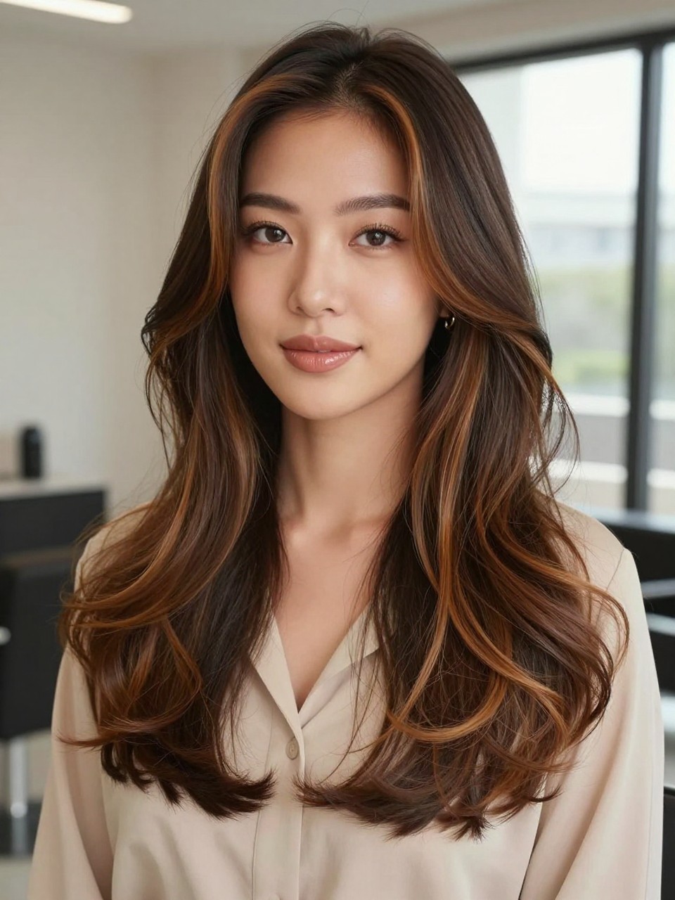 Image Prompt: A beautiful Asian woman with tan skin and long dark brown hair with caramel brown balayage, deep natural roots with hand-painted caramel pieces through the mid-lengths and ends, soft loose waves, glowing natural makeup, glossy nude lips, small gold earrings, beige blouse, modern indoor background, soft window light, realistic DSLR beauty editorial portrait, smooth blended caramel placement, no text, (no watermarks on images)
