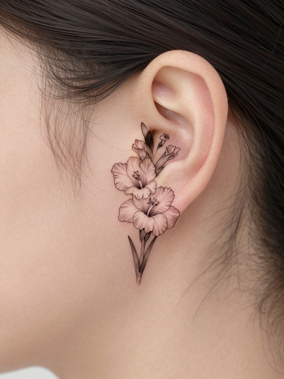 Image Prompt: "Extreme close-up of a small gladiolus tattoo behind the ear, fine line black ink floral design with tiny stacked blooms and soft shading, realistic skin texture, a few loose hair strands framing the placement, minimal feminine styling, tight crop, clean soft background, tattoo is the hero of the image (no watermarks on images)"