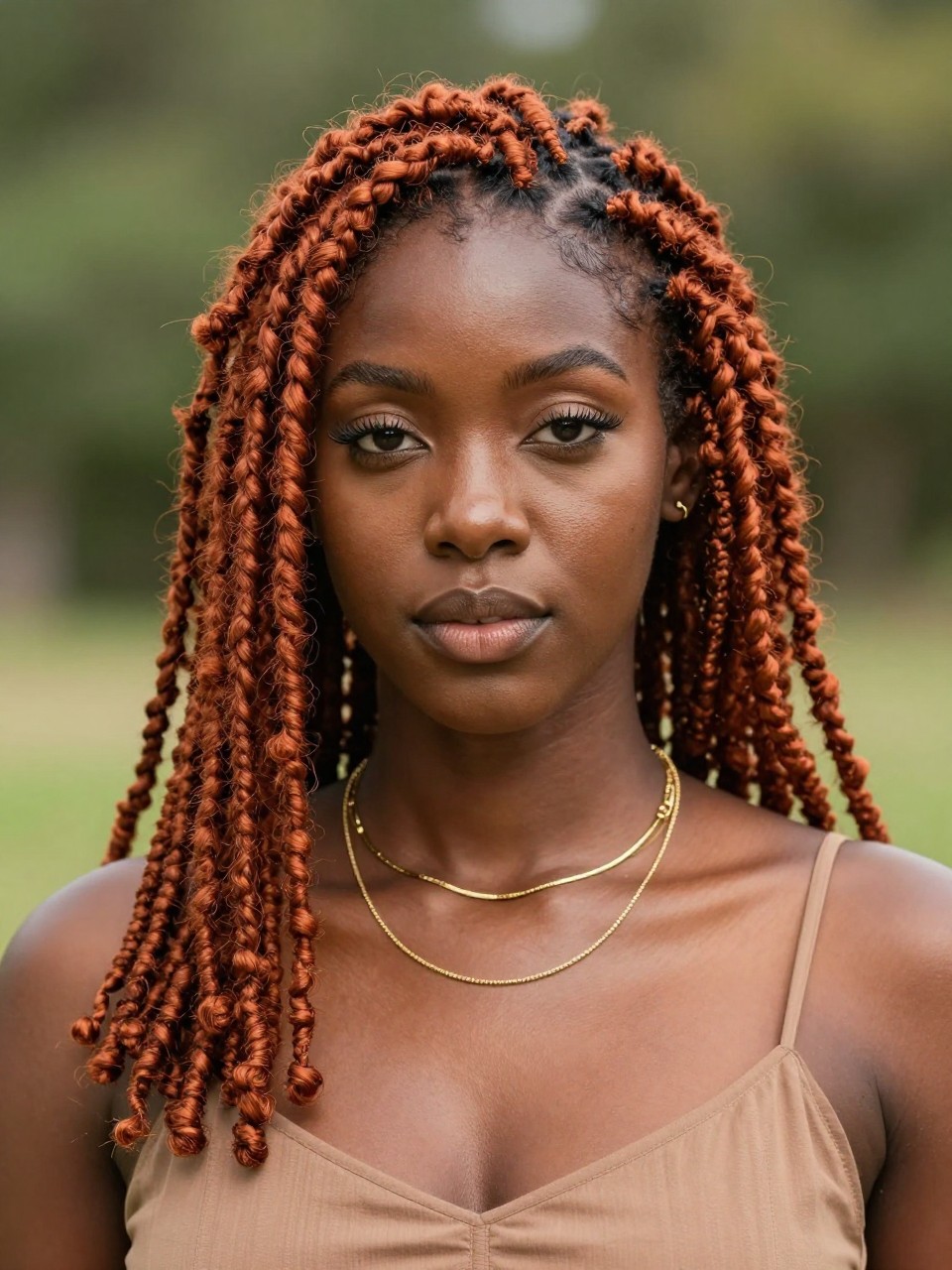 Image Prompt: A stunning Black woman with shoulder-length ginger locs, neatly maintained loc texture, side part with a few locs framing the face, warm copper-ginger tone, deep brown skin, glowing natural makeup, gold layered necklaces, earth-tone dress, outdoor natural setting with soft greenery blurred in the background, warm sunlight, realistic lifestyle editorial portrait, no text, (no watermarks on images)