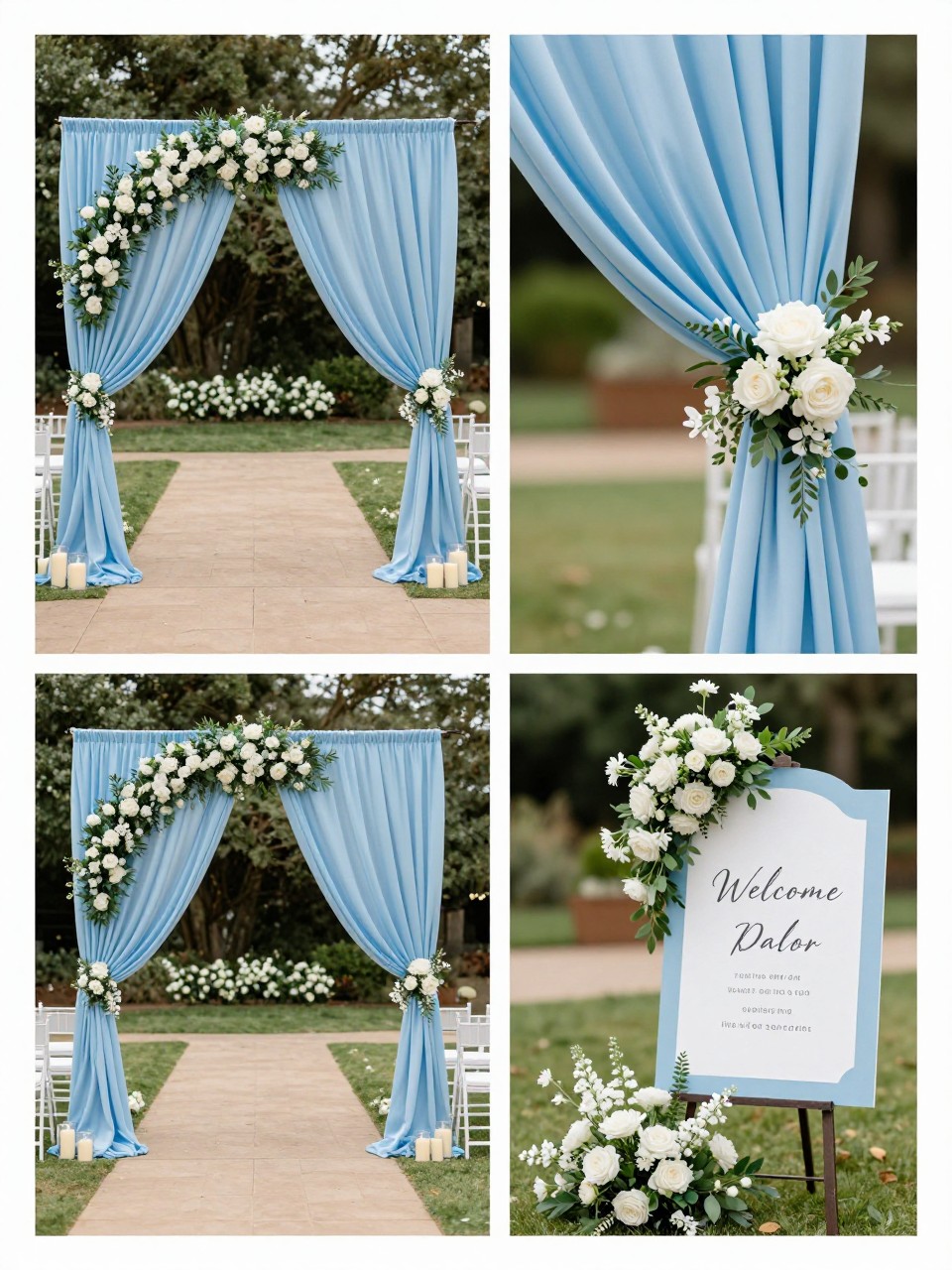 A professional 4-grid wedding decor collage showing a blue draped wedding entrance, top-left image featuring a wedding entrance framed with soft blue fabric, white flowers, and greenery, top-right image showing close-up flowing blue fabric tied with floral clusters, bottom-left image showing a walkway leading through the draped entrance with candles on both sides, bottom-right image showing a blue and white welcome sign beside matching decor, elegant outdoor wedding entrance styling, no faces, no watermarks on images.