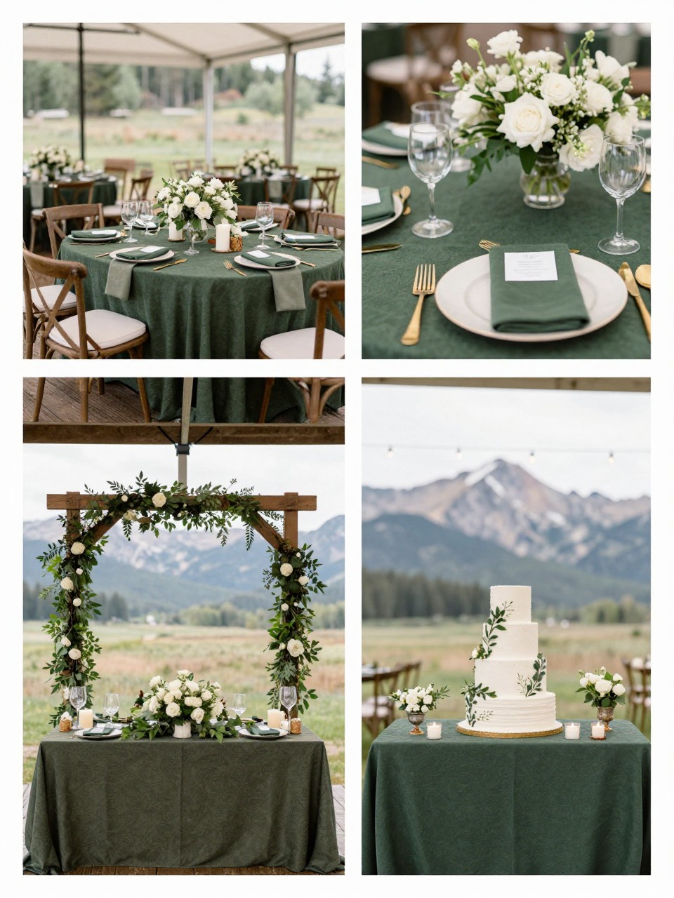 A professional 4-grid wedding decor collage showing forest green and white Rocky Mountain wedding decor, top-left image featuring reception tables with forest green linens, white flowers, candles, and wood accents, top-right image showing close-up green napkins, white floral centerpieces, and gold cutlery, bottom-left image showing a sweetheart table with greenery and mountain lodge styling, bottom-right image showing a matching cake table with green and white details, refined mountain wedding reception, no faces, no watermarks on images.