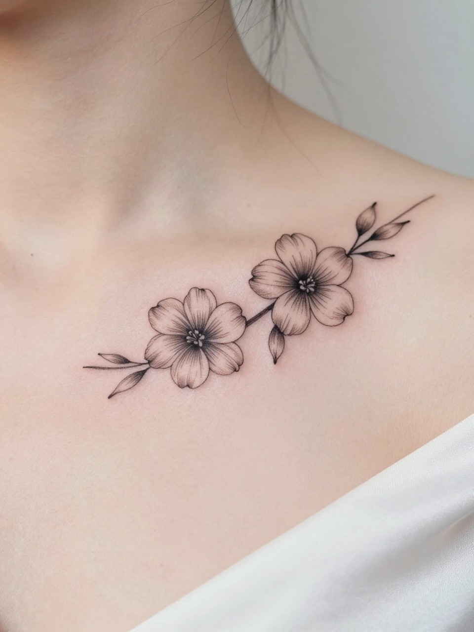 Image Prompt: "Close-up of two tiny aster tattoos along the collarbone, black ink fine line floral design with soft layered petals and light shading, realistic skin texture, silk blouse neckline barely visible, feminine clean composition, close-up tattoo visibility, soft minimal background, tattoo is the clear main subject (no watermarks on images)"