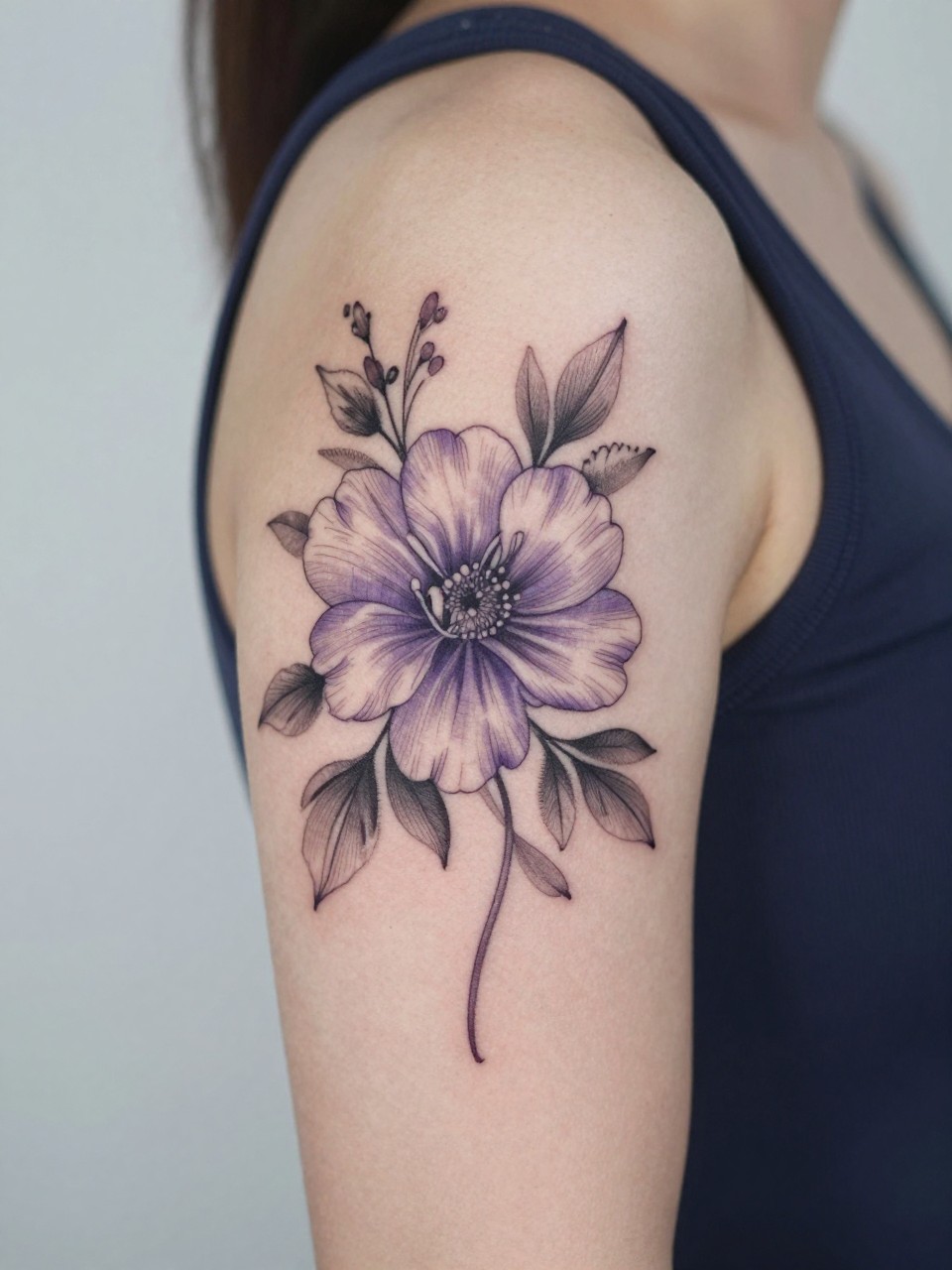 Image Prompt: "Close-up of a violet tattoo on the upper arm, black ink floral design with fine line rounded petals and soft grey shading, medium-size composition, realistic skin texture, sleeveless blouse edge softly visible, modern feminine tattoo inspiration image, minimal clean background, tattoo dominates the image (no watermarks on images)"