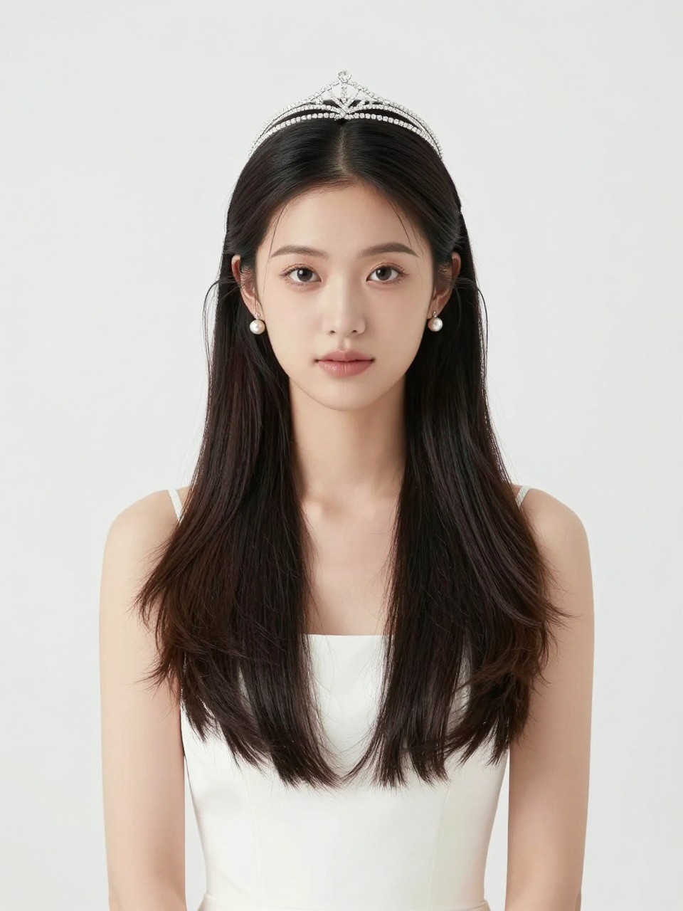 A photorealistic bridal beauty shot showing sleek center-part waves on long dark hair, smooth glossy roots with soft waves through the ends, a minimal thin crystal tiara placed neatly at the crown, modern fitted wedding dress, clean pearl earrings, soft glam makeup, bright white bridal studio setting, editorial wedding photography, no text, no watermark, no watermarks on images.