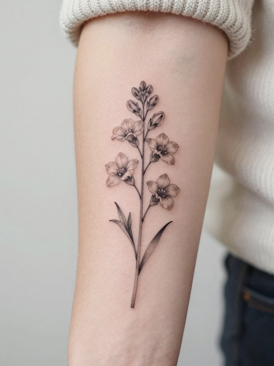 Image Prompt: "Extreme close-up of a fine line July birth flower larkspur tattoo on the forearm, delicate black ink floral design with slender stem and soft petal detail, subtle grey shading, feminine modern tattoo inspiration photo, realistic skin texture, neutral manicure, soft knit sleeve slightly visible, design-focused close-up, minimal soft background, tattoo is the clear main subject (no watermarks on images)"