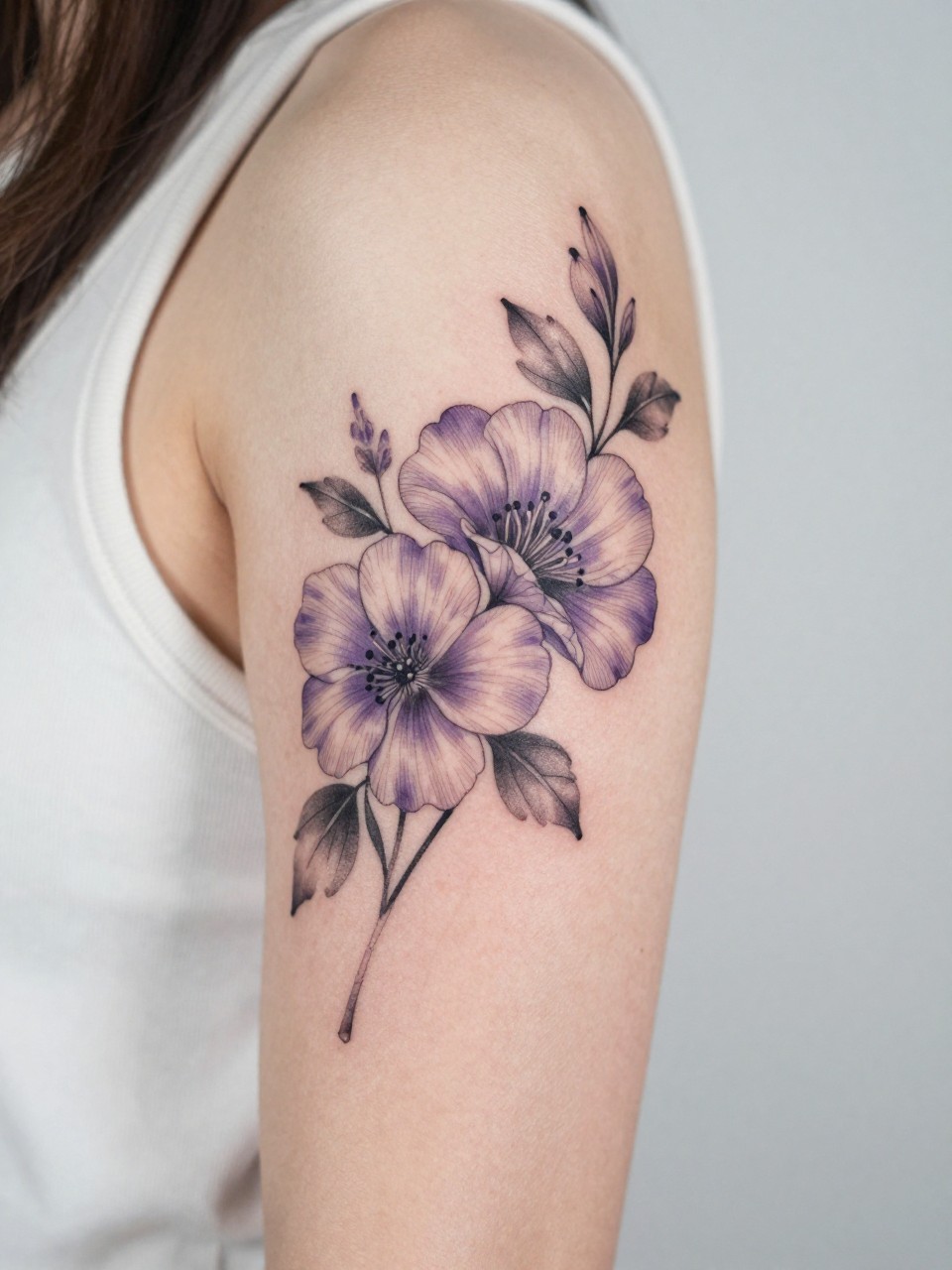 Image Prompt: "Close-up of a violet tattoo on the upper arm, black ink floral design with fine line rounded petals and soft grey shading, medium-size composition, realistic skin texture, sleeveless blouse edge softly visible, modern feminine tattoo inspiration image, minimal clean background, tattoo dominates the image (no watermarks on images)"