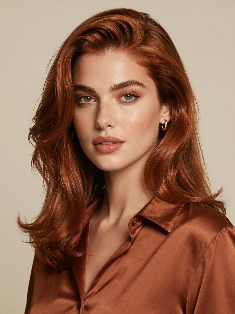 Image Prompt: A stunning woman with neutral skin tone and shoulder-length warm copper brown hair, soft brown shade with copper-gold shine, smooth blowout waves, fresh bronzed makeup, glossy nude lips, small gold earrings, rust satin blouse, clean studio background, warm diffused lighting, realistic beauty editorial portrait, detailed copper brown shine and smooth hair texture, no text, (no watermarks on images)