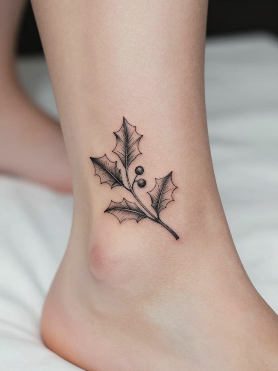 Image Prompt: "Macro shot of a minimalist holly tattoo on the ankle, black ink fine line leaf design with tiny berry accents, very subtle shading, realistic skin texture, neutral pedicure, soft bedding in the background, design-first composition, modern feminine tattoo inspiration photo, tattoo clearly in focus (no watermarks on images)"