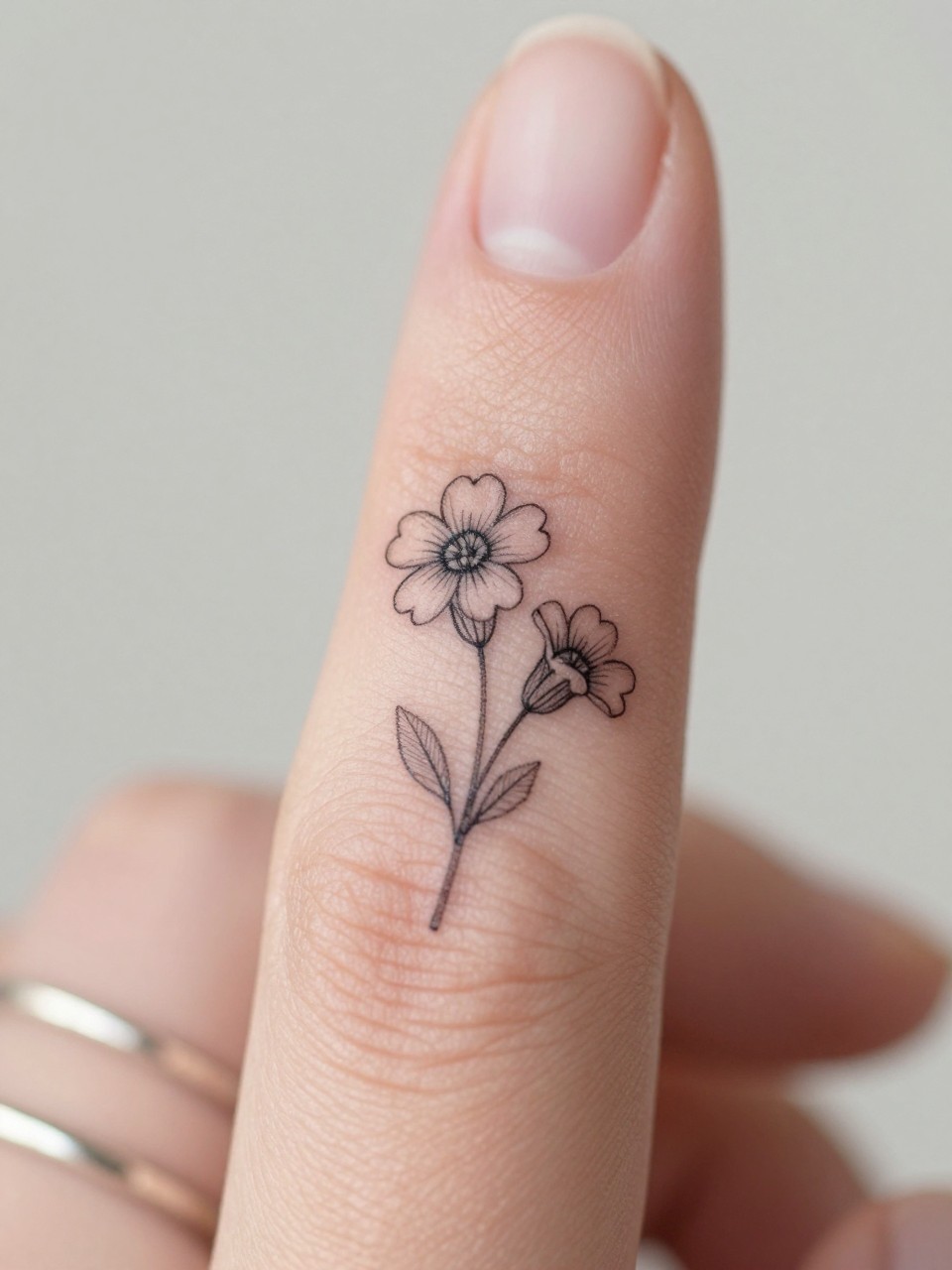 Image Prompt: "Macro shot of a micro primrose tattoo on the side of the finger, black ink fine line floral design, tiny stem and delicate petals, minimalist micro tattoo style, realistic skin texture, delicate rings, neutral manicure, very tight crop, soft blurred background, feminine tattoo inspiration photo with tattoo as the main focus (no watermarks on images)"