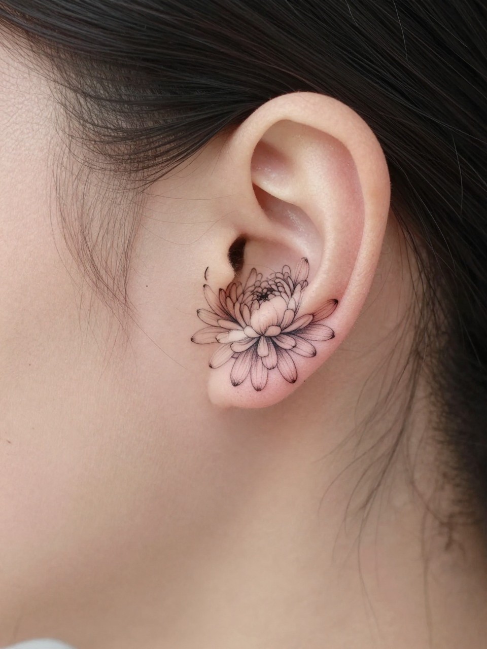 Image Prompt: "Extreme close-up of a small chrysanthemum flower tattoo behind the ear, fine line black ink floral design with many delicate petals and soft shading, realistic skin texture, a few loose hair strands framing the placement, minimal feminine styling, tight crop, clean soft background, tattoo is the hero of the image (no watermarks on images)"