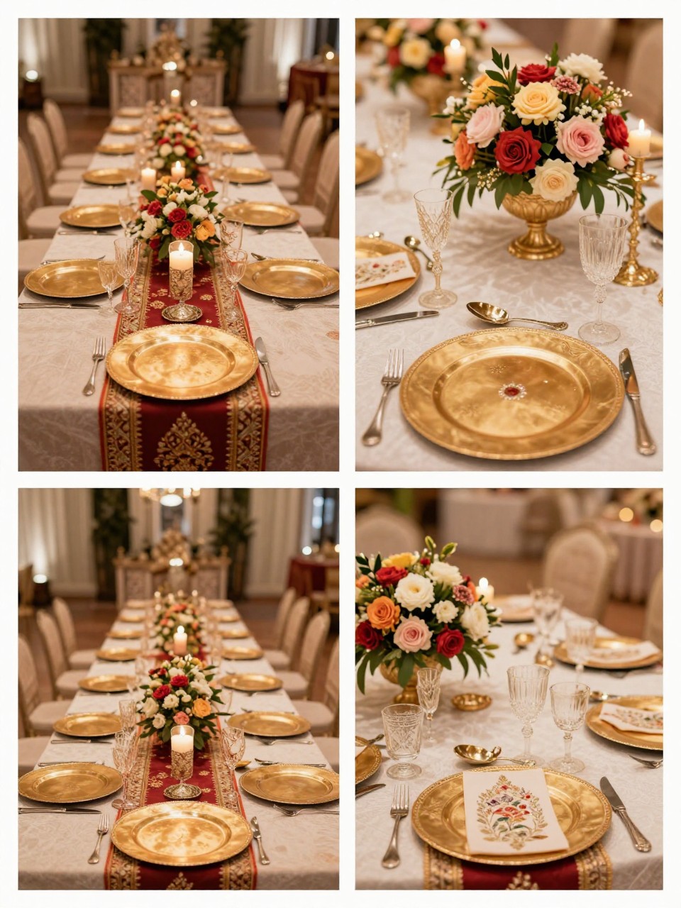 A professional 4-grid wedding decor collage showing royal Indian wedding dining table decor, top-left image featuring long banquet tables with gold charger plates, floral centerpieces, candles, and embroidered runners, top-right image showing close-up ornate tableware and floral styling, bottom-left image showing the dining setup under warm ambient lighting, bottom-right image showing place settings with coordinated royal decor details, elegant Indian wedding reception styling, no people, no faces, no watermarks on images.