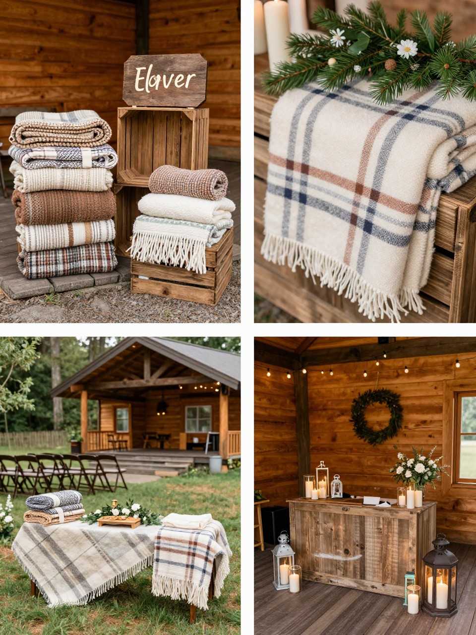 A professional 4-grid wedding decor collage showing a cozy blanket station for a cabin wedding, top-left image featuring woven blankets folded in wooden crates beside a rustic sign, top-right image showing close-up plaid and cream blankets with pine greenery, bottom-left image showing the blanket display near an outdoor cabin ceremony seating area, bottom-right image showing lanterns, candles, and flowers around the guest comfort station, rustic cabin wedding setup, no faces, no watermarks on images.