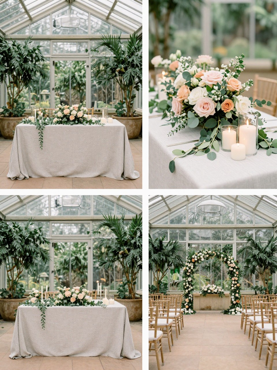 A professional 4-grid wedding decor collage showing a soft blush and green sweetheart table inside a glass greenhouse wedding, top-left image featuring a sweetheart table with blush flowers, greenery, candles, and light linen placed in front of glass walls and plants, top-right image showing close-up floral styling and candlelight on the table, bottom-left image showing the full sweetheart table in the greenhouse reception setting, bottom-right image showing matching decor around the chairs and floor, romantic editorial wedding photography, no people, no faces, no watermarks on images.