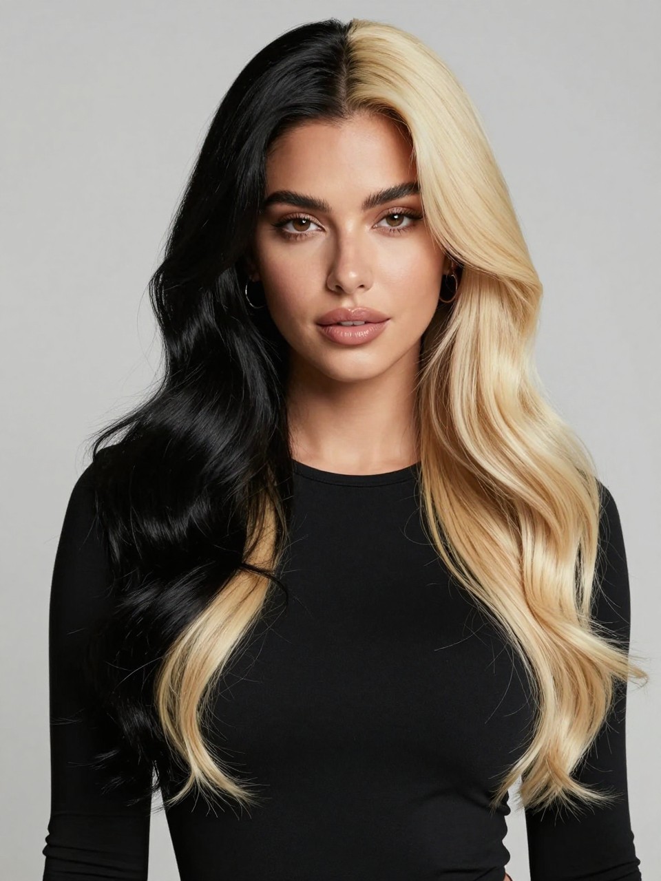 Image Prompt: A beautiful woman with long two tone split hair color, one side deep glossy black and the other side bright creamy blonde, sharp center part, soft loose waves, smooth healthy shine, medium skin tone, soft glam makeup, glossy nude lips, small hoop earrings, fitted black top, clean studio background, soft diffused lighting, realistic DSLR beauty editorial portrait, strong color contrast, detailed wave texture, no text, (no watermarks on images)