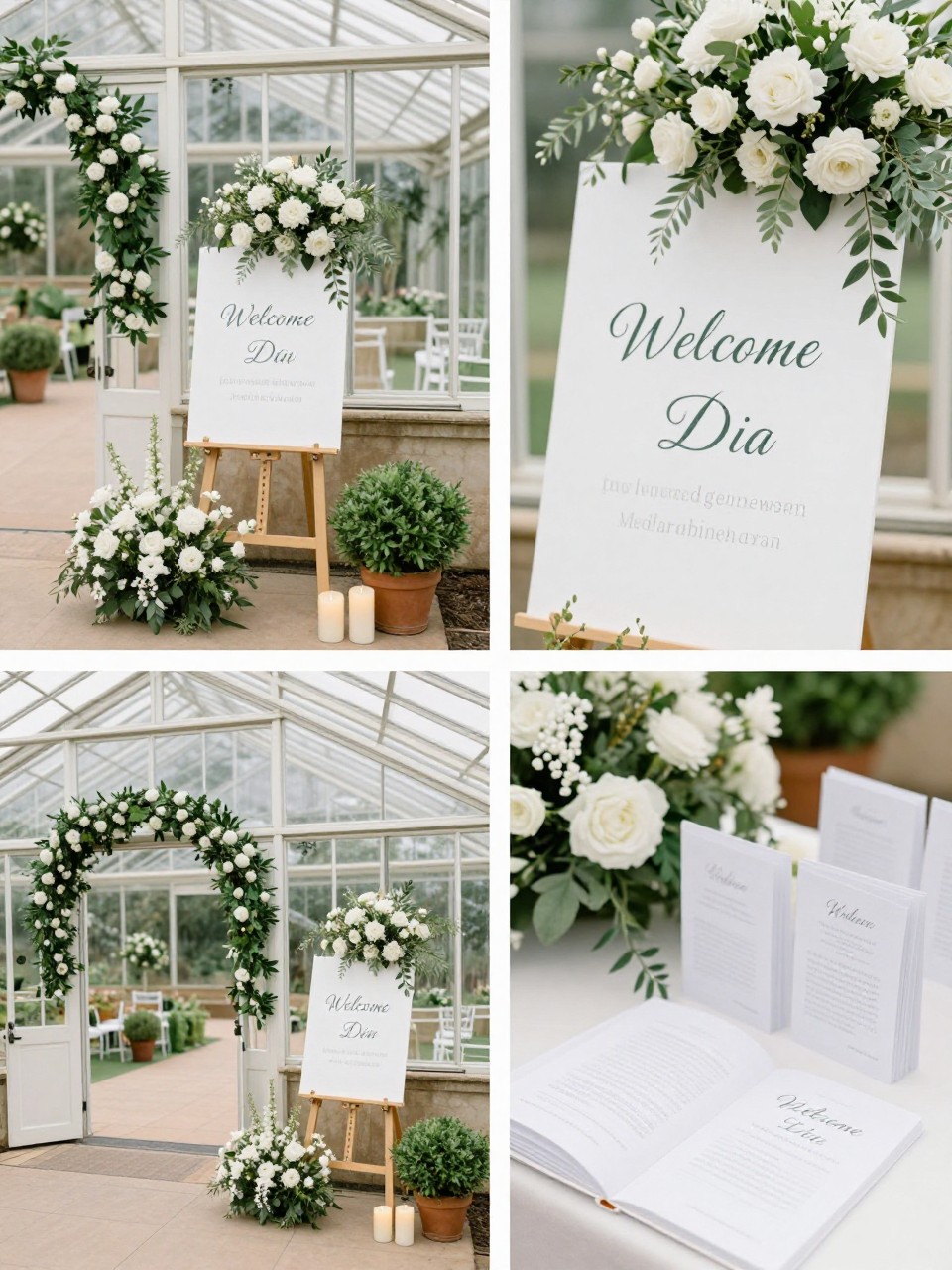 A professional 4-grid wedding decor collage showing a white and green welcome display for a glass greenhouse wedding, top-left image featuring a welcome sign on an easel surrounded by white flowers, potted greenery, and candles near a greenhouse entrance, top-right image showing close-up sign styling with floral clusters, bottom-left image showing a wider entrance scene with matching decor, bottom-right image showing a coordinated guest book or card table nearby, soft romantic wedding decor, no people, no faces, no watermarks on images.