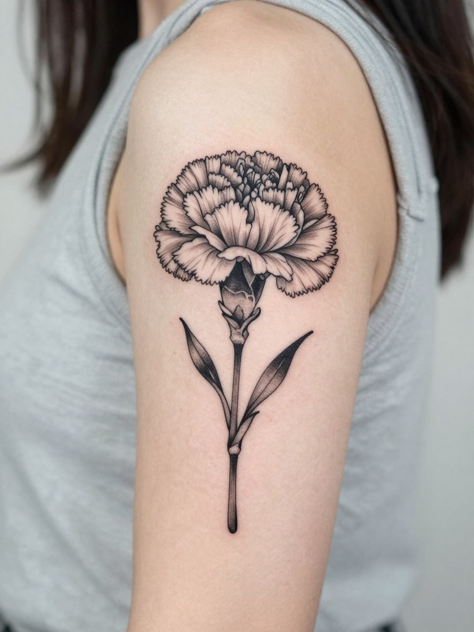 Image Prompt: "Close-up of a carnation tattoo on the upper arm, black ink floral design with fine line layered petals and soft grey shading, medium-size composition, realistic skin texture, sleeveless blouse edge softly visible, modern feminine tattoo inspiration image, minimal clean background, tattoo dominates the image (no watermarks on images)"