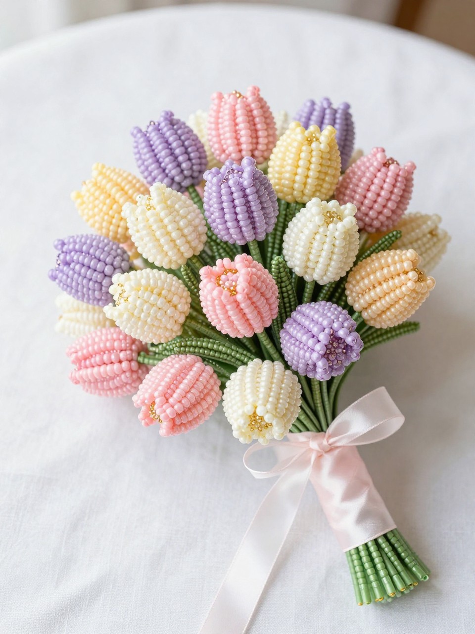 A pastel beaded tulip bouquet made from handmade tulips in soft pink, lavender, pale yellow, cream, and peach beads, with green beaded leaves and a silk ribbon handle, arranged on a white linen surface in bright soft daylight, spring wedding editorial detail photography, no people, no faces, realistic DSLR quality, intricate beadwork, no watermarks on images.