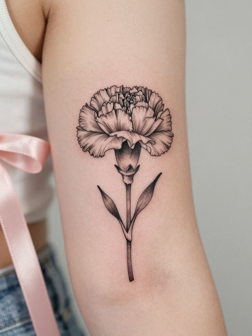 Image Prompt: "Design-focused close-up of a carnation tattoo on the inner bicep, black ink fine line floral style, soft ruffled petals with subtle shading, realistic skin texture, satin ribbon nearby as a subtle feminine detail, tight crop, minimal soft background, modern lifestyle-inspired tattoo image, tattoo is the clear main subject (no watermarks on images)"