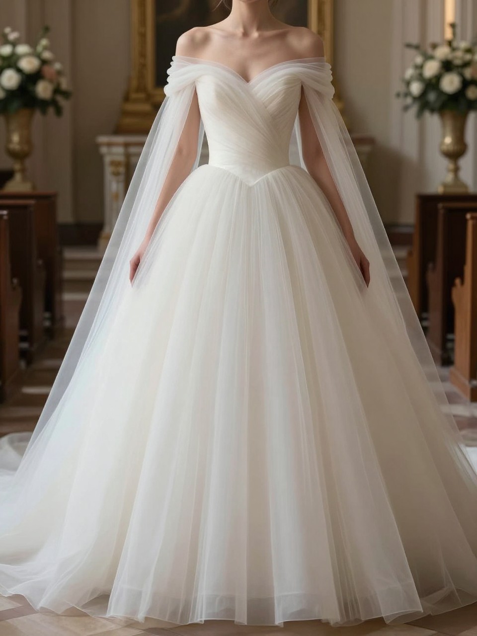 Image Prompt: A dramatic bridal editorial photo of an off-shoulder ball gown styled with a soft tulle cape in a grand chapel or elegant ballroom setting. Show the bride from the shoulders down only, or from behind with the face fully hidden. The gown has an off-shoulder neckline, fitted bodice, full romantic skirt, and a light tulle cape flowing behind like a veil alternative. Use natural light, realistic tulle texture, refined floral styling, luxury wedding magazine quality, no visible face, no text, no watermark. (no watermarks on images)