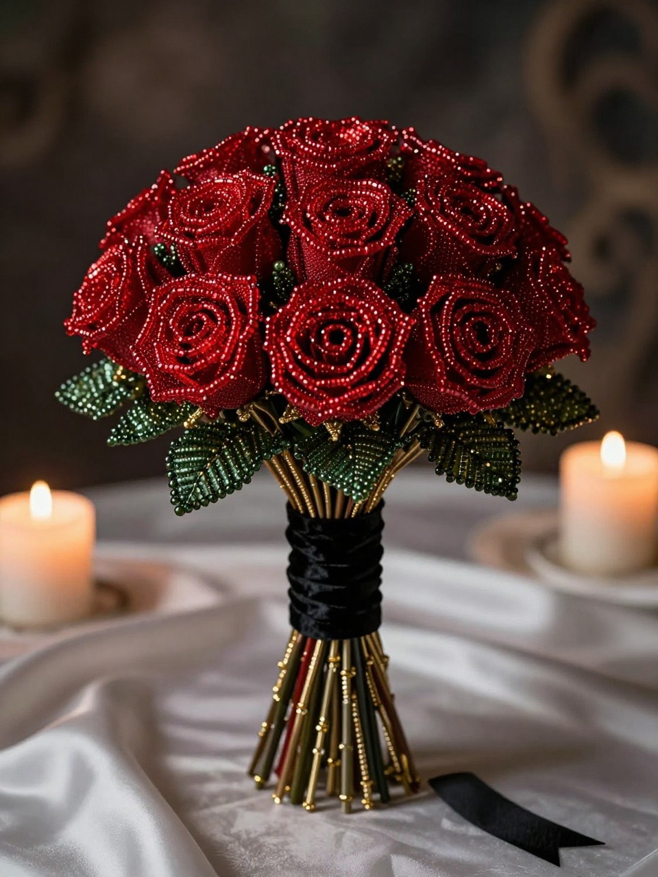 A romantic red beaded rose bouquet made from deep red glass seed beads, dark green beaded leaves, gold wire stems, and a black velvet ribbon-wrapped handle, styled on a moody bridal table with candlelight and satin fabric, dramatic wedding editorial photography, no people, no faces, realistic DSLR image, rich bead texture, no watermarks on images.