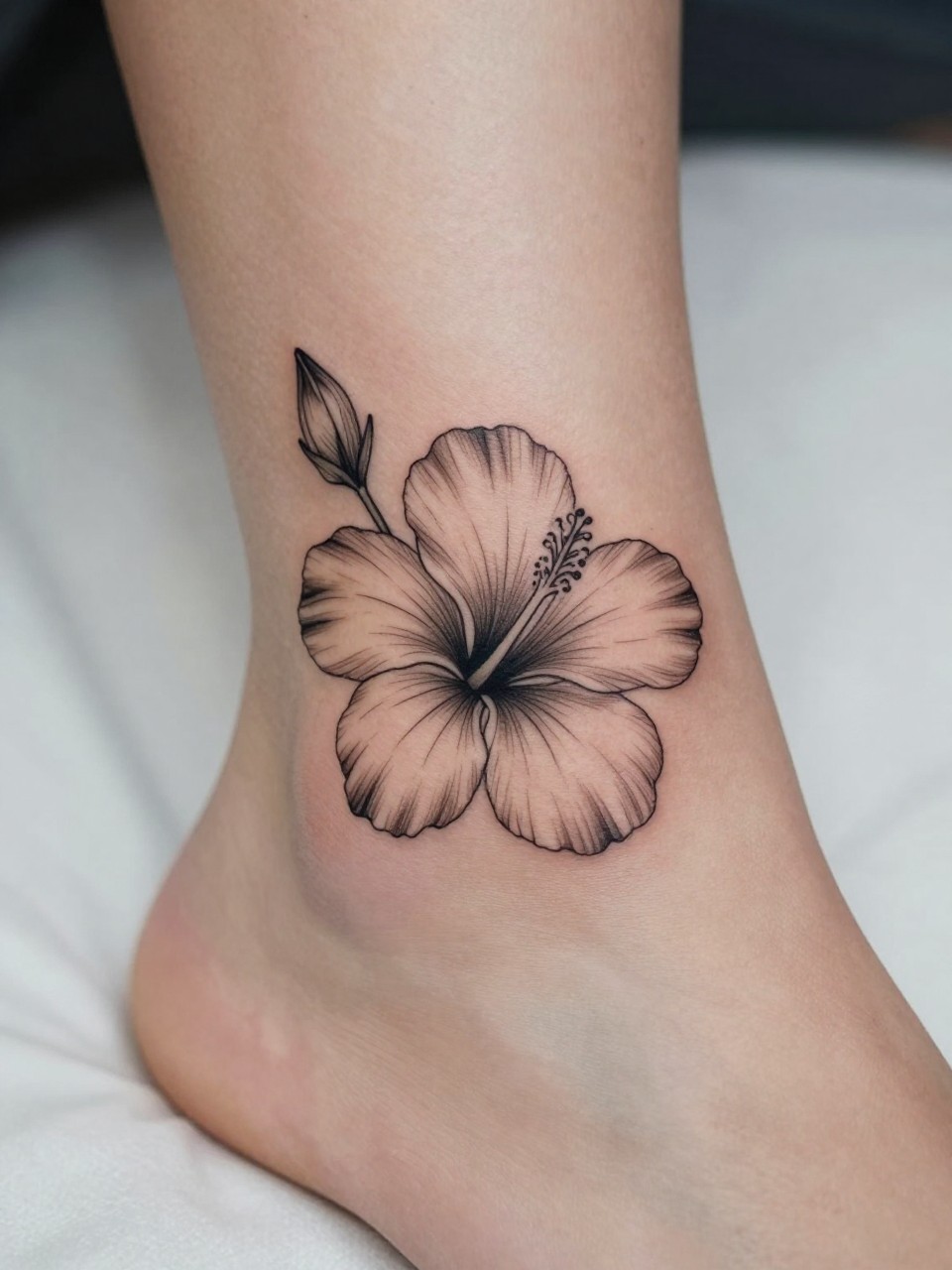 Image Prompt: "Macro shot of a minimalist hibiscus tattoo on the ankle, black ink fine line floral design with soft open petals and very subtle shading, realistic skin texture, neutral pedicure, soft bedding in the background, design-focused close-up, modern feminine tattoo inspiration image, tattoo clearly in focus (no watermarks on images)"
