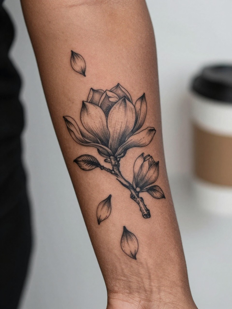 Image Prompt: "Extreme close-up of a magnolia tattoo with a few falling petals on the forearm of a black woman, black ink fine line floral design, delicate petal movement, soft shading, realistic skin texture, coffee cup softly blurred nearby, modern feminine tattoo inspiration image, minimal background, tattoo-centered composition (no watermarks on images)"