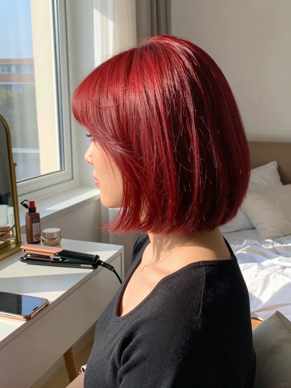 Photo of a woman wearing a bright cherry red bob styled sleek with softly curved ends, side profile view, sun-drenched bedroom setting, natural window light, with a flat iron on the vanity and a silk scrunchie on her wrist, latest iPhone photo quality.