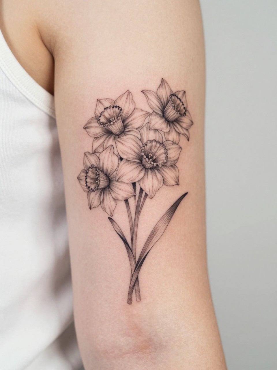 Image Prompt: "Design-focused close-up of a narcissus tattoo on the inner bicep, black ink fine line floral style, soft layered petals with subtle shading, realistic skin texture, satin ribbon nearby as a subtle feminine detail, tight crop, minimal soft background, modern lifestyle-inspired tattoo image, tattoo is the clear main subject (no watermarks on images)"