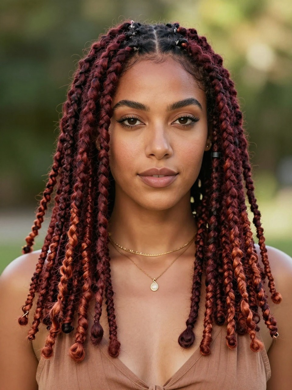 Image Prompt: A stunning woman with shoulder-length deep auburn fox tail locs, dark brown roots blending into auburn and copper-toned loc ends, neatly maintained loc texture, a few locs framing the face, deep brown skin, natural glowing makeup, layered gold necklaces, earth-tone dress, outdoor background with soft greenery, warm sunlight, realistic lifestyle editorial portrait, detailed loc texture and warm color, no text, (no watermarks on images)