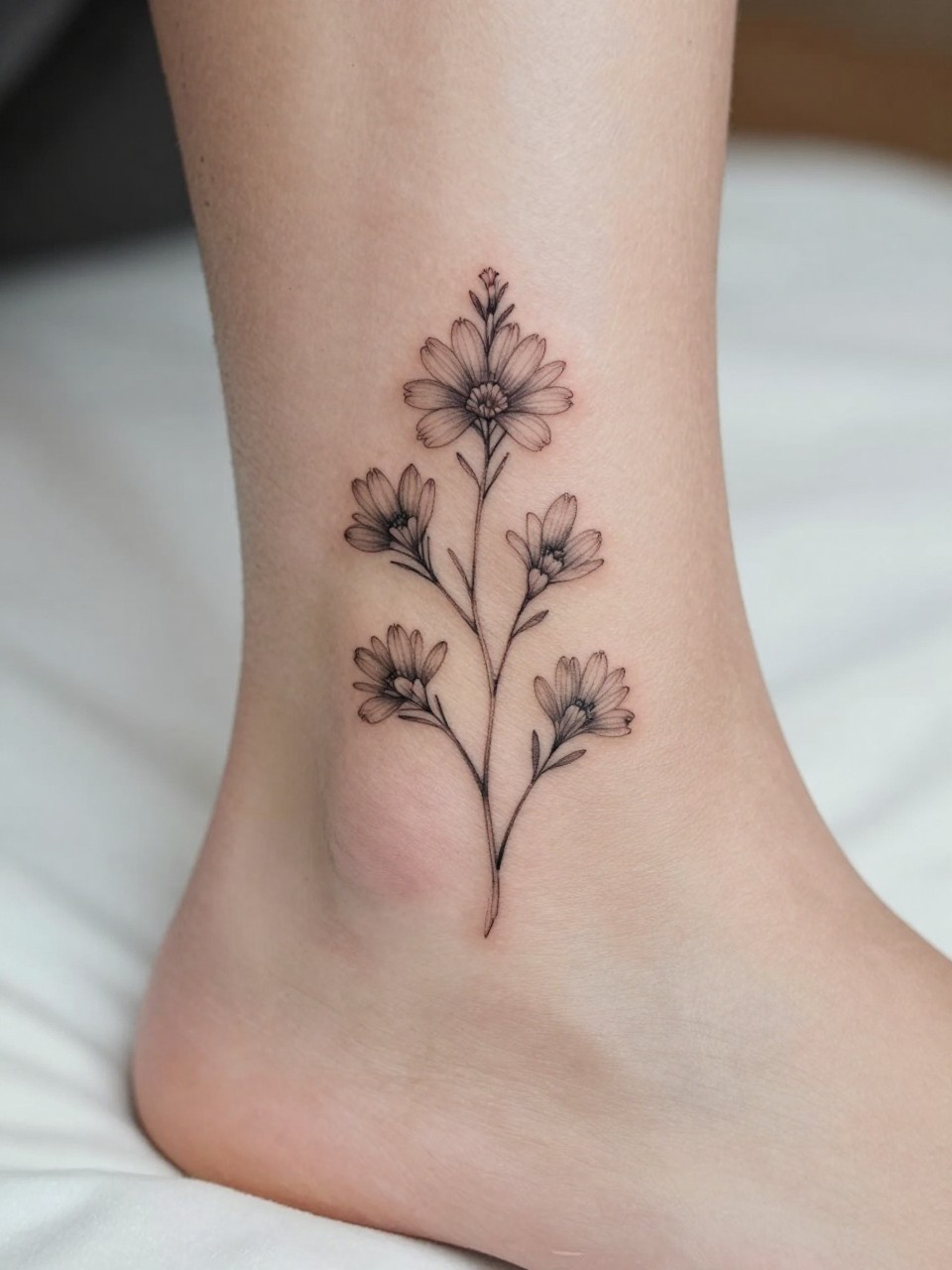 Image Prompt: "Macro shot of a minimalist aster tattoo on the ankle, black ink fine line floral design with tiny narrow petals and very subtle shading, realistic skin texture, neutral pedicure, soft bedding in the background, design-first composition, modern feminine tattoo inspiration photo, tattoo clearly in focus (no watermarks on images)"