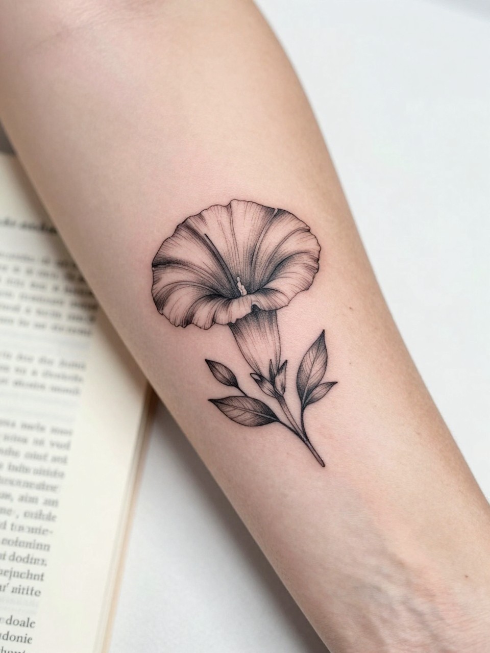Image Prompt: "Extreme close-up of a morning glory flower tattoo with tiny handwritten name script on the inner forearm, black ink fine line floral design, delicate trumpet-shaped bloom, soft shading, elegant cursive detail, realistic skin texture, book page underneath the arm, feminine soft lifestyle context, clean background, tattoo-centered inspiration photo (no watermarks on images)"
