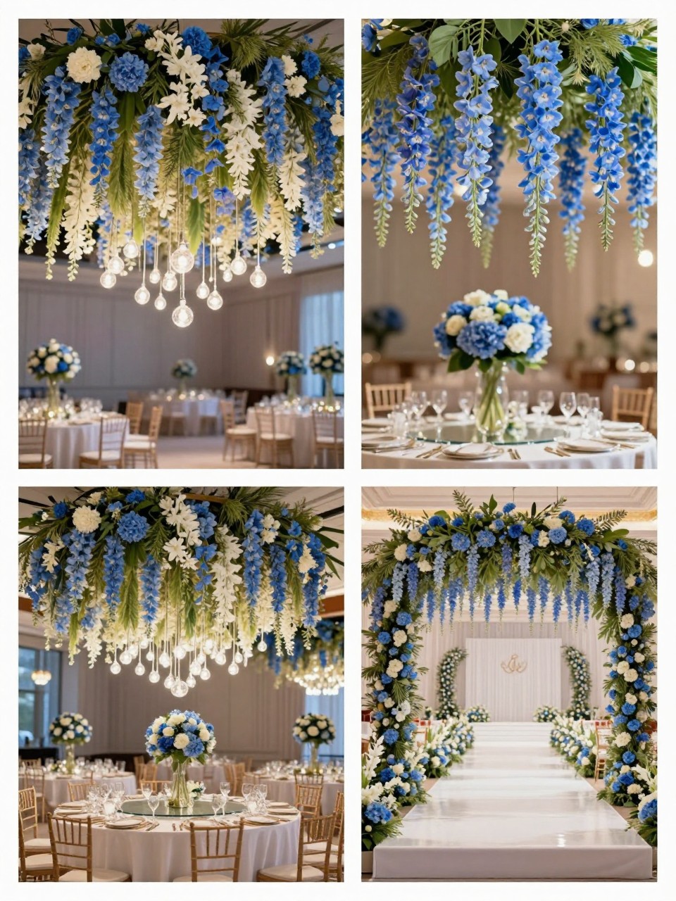 A professional 4-grid wedding decor collage showing blue floral hanging wedding decor, top-left image featuring a reception ceiling installation with blue flowers, white blooms, greenery, and soft hanging lights, top-right image showing close-up blue delphiniums and hydrangeas hanging above the tables, bottom-left image showing dining tables beneath the floral ceiling design, bottom-right image showing a dance floor or stage framed by the same hanging flowers, luxury wedding reception decor, editorial photography, no faces, no watermarks on images.