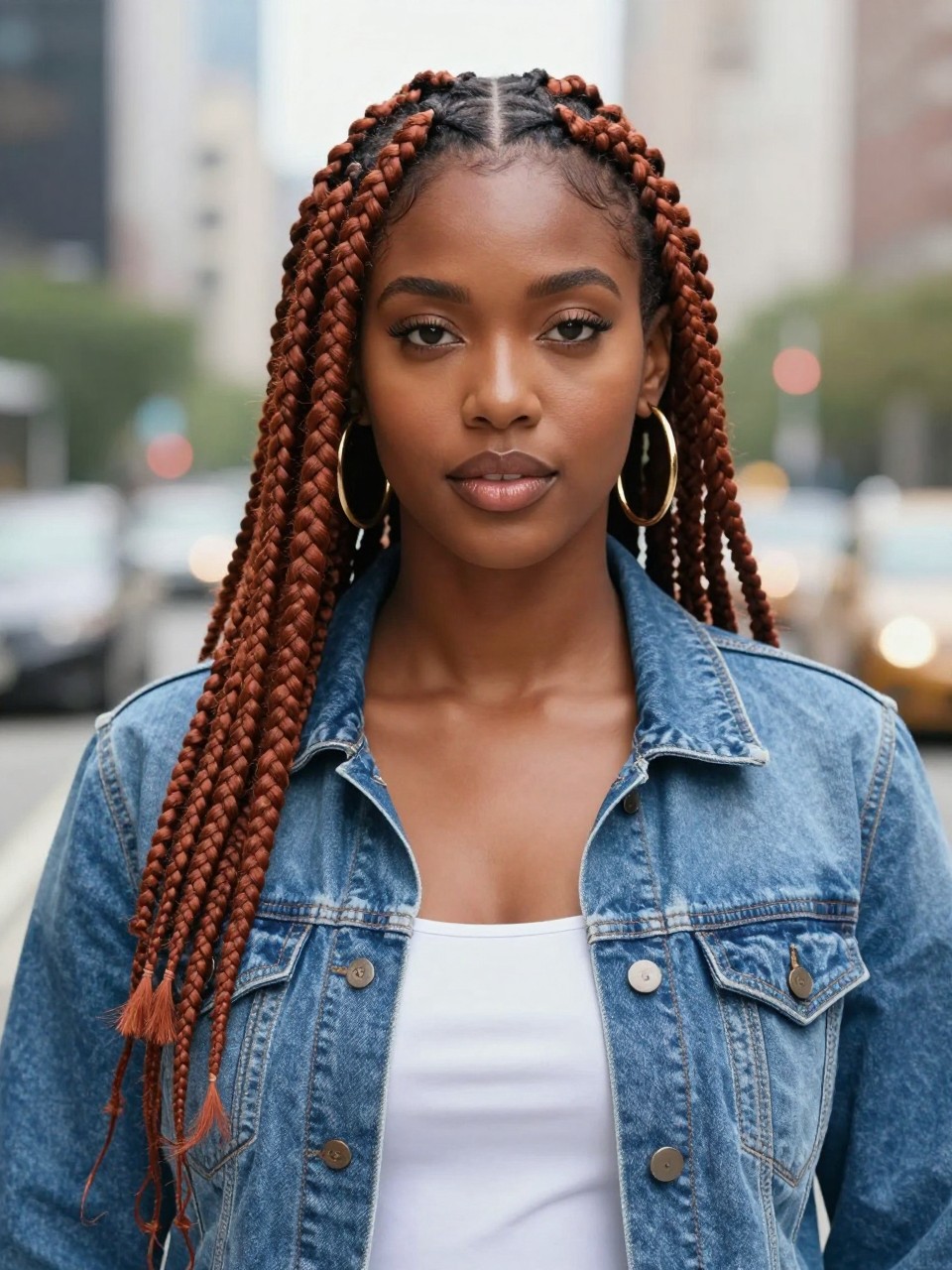 Image Prompt: A stylish Black woman wearing waist-length ginger box braids, neat square parts, clean scalp, smooth braids with light shine, softly styled baby hairs, warm brown skin, glossy lips, gold hoop earrings, casual denim jacket over white top, outdoor lifestyle setting with softly blurred city background, natural daylight, realistic editorial photography, half-body portrait, no text, (no watermarks on images)