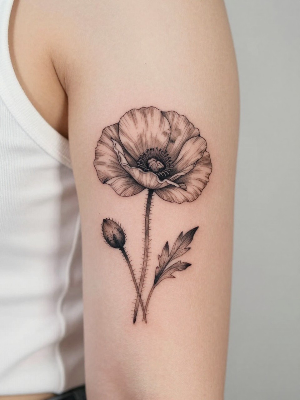 Image Prompt: "Design-focused close-up of a poppy tattoo on the inner bicep, black ink fine line floral style, soft open petals with subtle shading, realistic skin texture, satin ribbon nearby as a subtle feminine detail, tight crop, minimal soft background, modern lifestyle-inspired tattoo image, tattoo is the clear main subject (no watermarks on images)"