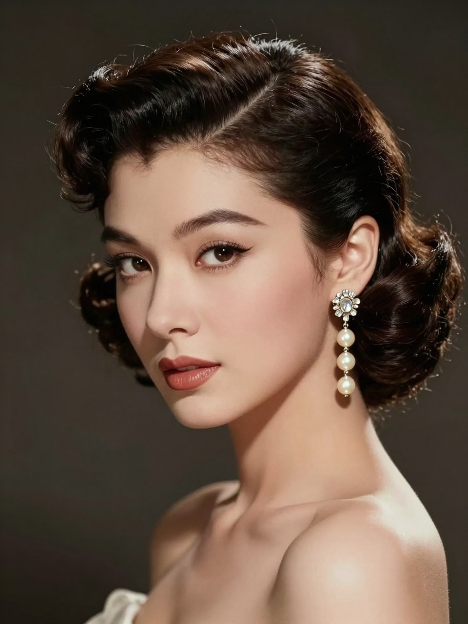 A realistic vintage-inspired beauty portrait showing sculpted finger waves on short dark hair, glossy finish, a vintage pearl and crystal earring chain draped from the ear into the side of the hairstyle, classic makeup with soft lips, elegant gown, moody studio lighting, old Hollywood editorial feel, no text, no watermark, no watermarks on images.