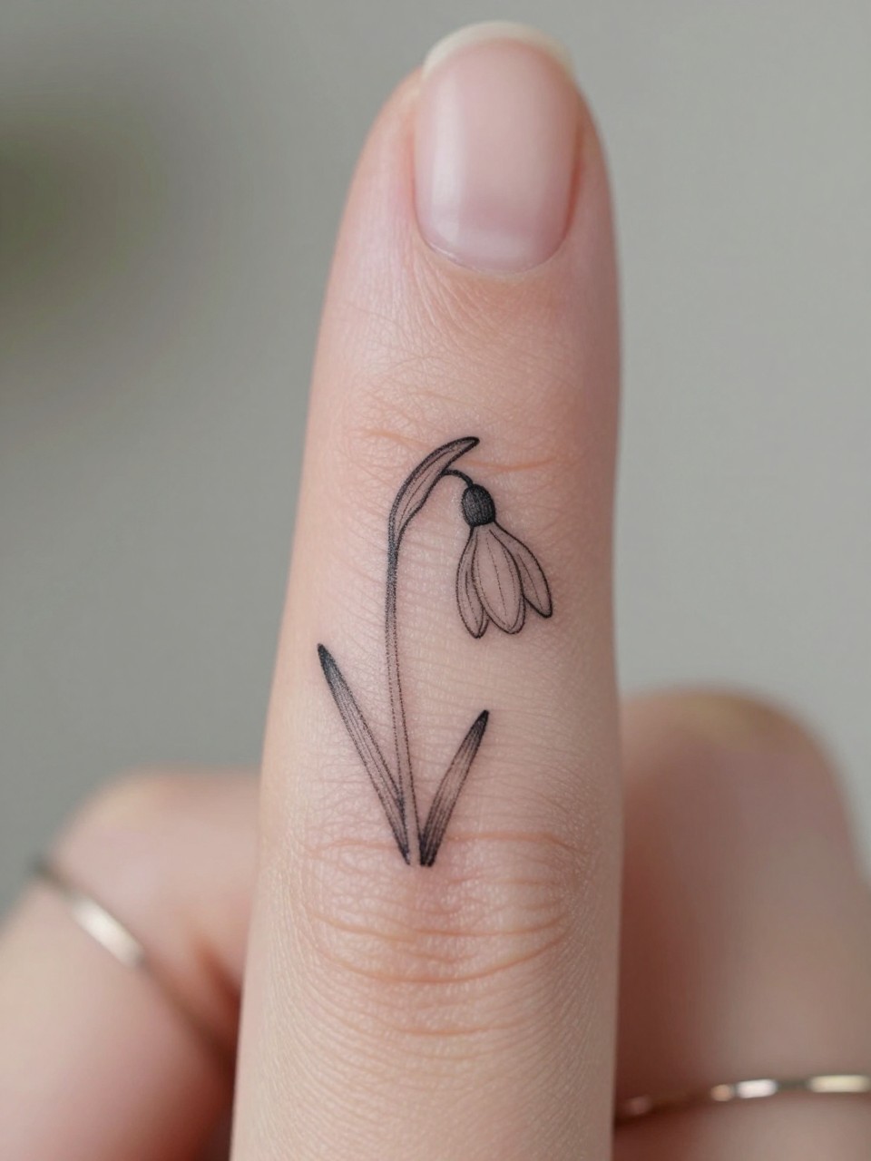 Image Prompt: "Macro shot of a micro snowdrop tattoo on the side of the finger, black ink fine line floral design, tiny stem and delicate drooping bloom, minimalist micro tattoo style, realistic skin texture, delicate rings, neutral manicure, very tight crop, soft blurred background, feminine tattoo inspiration photo with tattoo as the main focus (no watermarks on images)"
