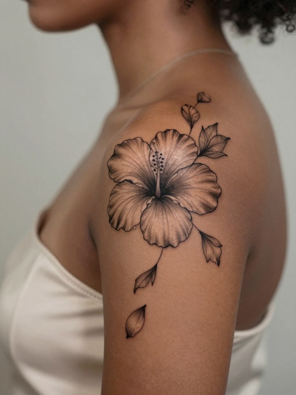 Image Prompt: "Design-focused close-up of a hibiscus flower tattoo with falling petals along the collarbone of a black woman, black ink fine line floral design with soft shading, delicate drifting petal detail, realistic skin texture, silk blouse neckline barely visible, close-up tattoo visibility, feminine modern tattoo inspiration photo, soft minimal background, tattoo is the hero (no watermarks on images)"