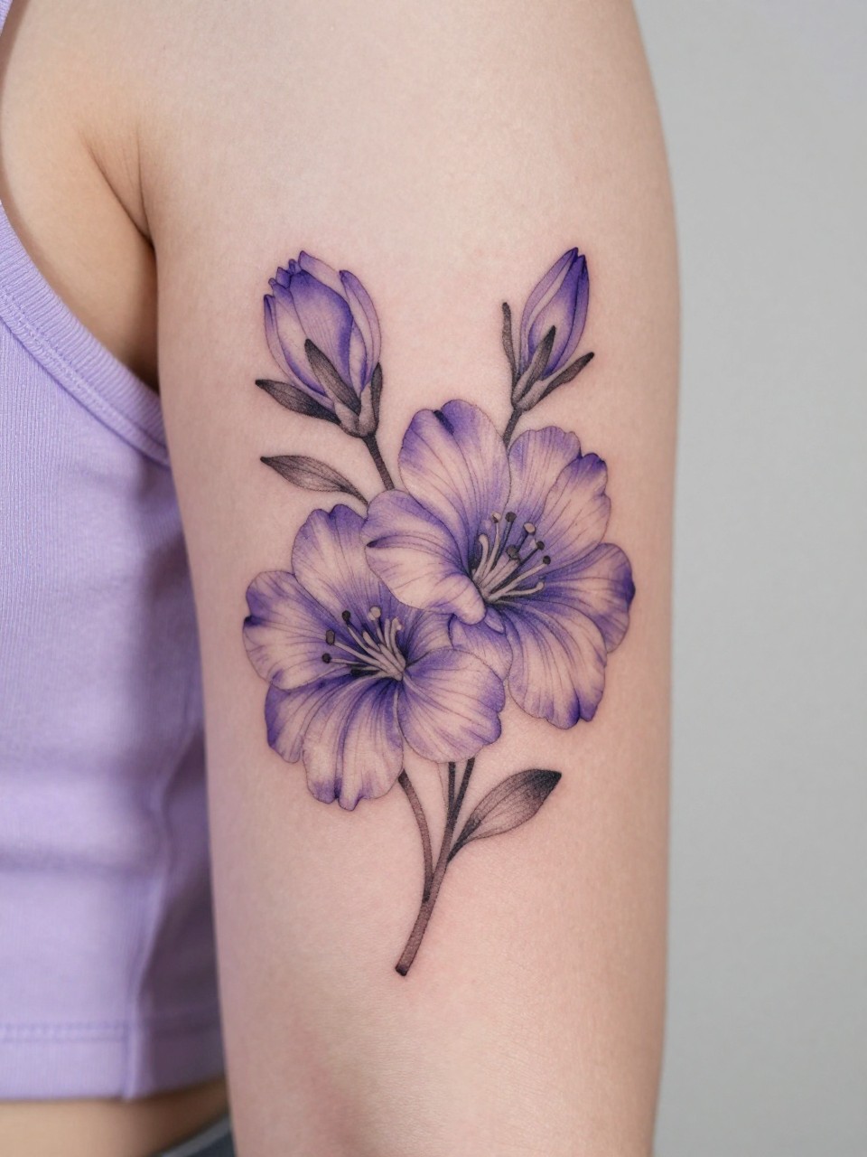 Image Prompt: "Design-focused close-up of a violet tattoo on the inner bicep, black ink fine line floral style, soft rounded petals with subtle shading, realistic skin texture, satin ribbon nearby as a subtle feminine detail, tight crop, minimal soft background, modern lifestyle-inspired tattoo image, tattoo is the clear main subject (no watermarks on images)"
