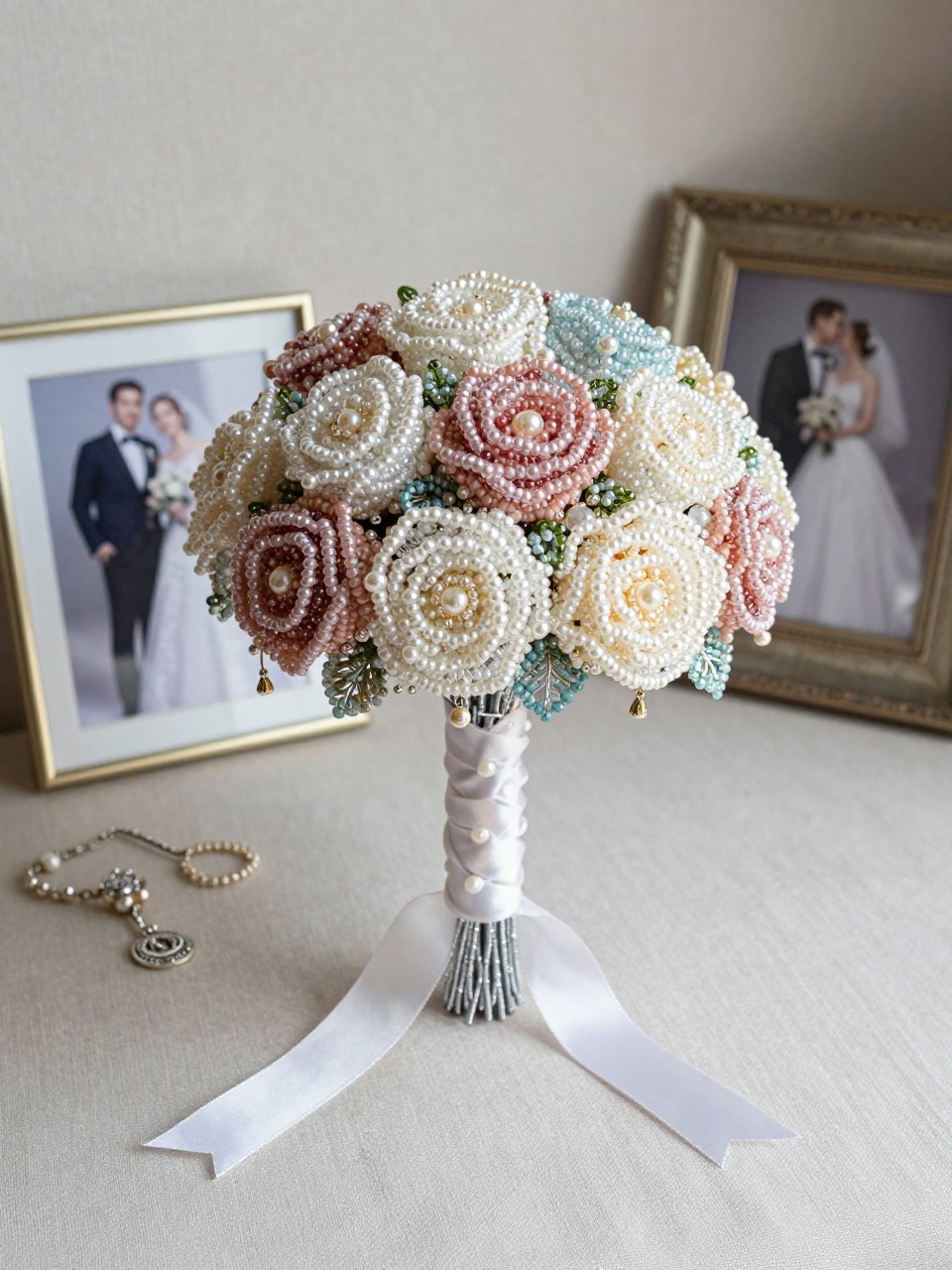 A sentimental keepsake beaded flower bouquet made from handmade beaded roses, pearl beads, glass beads in soft family-inspired colors, tiny charm accents, silver wire stems, and a ribbon-wrapped handle, styled beside a small framed wedding photo and heirloom jewelry on a neutral fabric surface, emotional bridal editorial detail photography, no people, no faces, realistic DSLR image, no watermarks on images.
