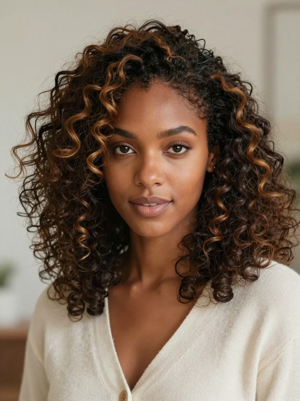 Image Prompt: A beautiful Black woman with dark curly hair enhanced with honey ginger highlights, soft highlighted pieces throughout and around the face, springy natural curls, glowing warm brown skin, light natural makeup, cream cardigan, soft indoor setting with neutral background, diffused daylight, realistic beauty editorial portrait, close-up detailed hair texture, no text, (no watermarks on images)