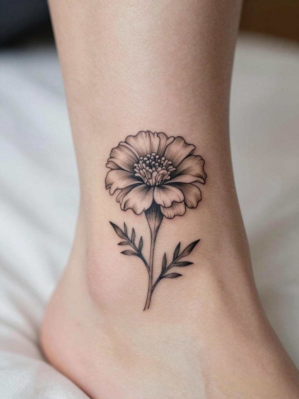 Macro shot of a minimalist marigold tattoo on the ankle, black ink fine line floral design with tiny layered petals and very subtle shading, realistic skin texture, neutral pedicure, soft bedding in the background, design-first composition, modern feminine tattoo inspiration photo, tattoo clearly in focus (no watermarks on images)