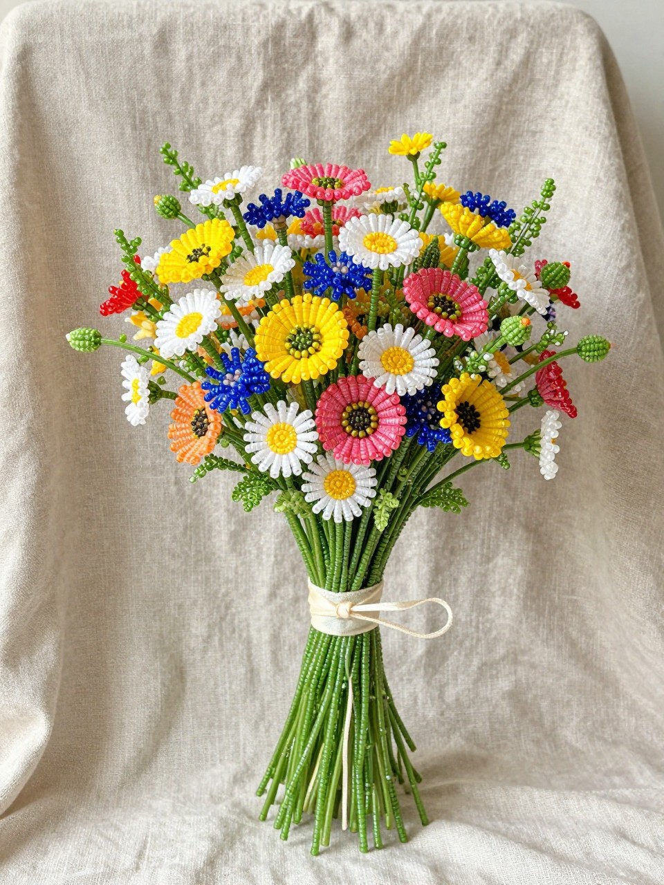 A colorful beaded wildflower bouquet made from tiny handmade beaded daisies, poppies, cornflowers, yellow blooms, green beaded stems, and loose ribbon ties, arranged in a natural gathered bouquet shape, styled on rustic linen with bright natural light, cheerful countryside wedding editorial photography, no people, no faces, realistic DSLR image, detailed glass bead textures, no watermarks on images.